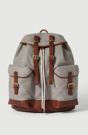 Brunello Cucinelli Virgin wool, alpaca and cashmere flannel field backpack with grained calfskin inserts in Medium Grey at Nordstrom