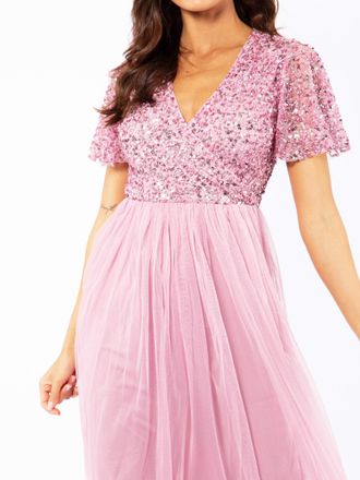 Maya Womens Ladies Midi For Wedding Guest Faux Wrap Evening Gown Prom Pink V Neck Sequins Bridesmaid Dress, Pink, 8 UK