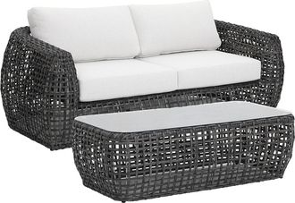 Vente-Unique Conjunto de jard&iacute;n de rat&aacute;n sint&eacute;tico: sof&aacute; de jard&iacute;n de 2 plazas y una mesa de centro - Antracita con cojines blancos - VEYRO de MYLIA