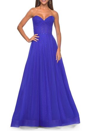 La Femme Sweetheart Tulle and Rhinestone Prom Dress with Illusion Detail in Electric Blue at Nordstrom, Size 00