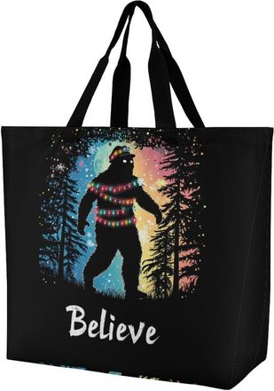 Generic Bigfoot Christmas Lights Believe Reusable Shopping Bags One Shoulder Grocery Tote Bag Waterproof Big Purse for Work Travel