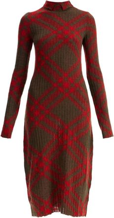 Burberry Loch Check Jacquard Gebreide Midi Jurk - Dames - Kleedjes - Rood - XS - Wol - Kleedjes