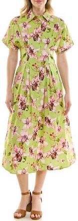 Nicole Miller Pintuck Waist Midi Shirtdress in Orchid Allover Lime at Nordstrom Rack, Size 12