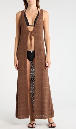 Elan Sleeveless Tie Front Pointelle Cover-Up in Brown at Nordstrom, Size X-Small