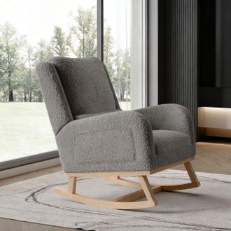 OEM Sill&oacute;n Mecedora Escandinavo Pocketpop De Terciopelo Teddy Gris Para 1 Persona Con Coj&iacute;n Y Bolsillos, Patas De Madera