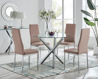 Furniturebox Selina Chrome Round Glass Dining Table & 4 Milan Dining Chairs in Beige | Size: 4 Person