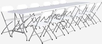 Sweeek Sweeek - Set De 2 Mesas + 12 Sillas Plegables Port&aacute;tiles Para Eventos, Fiesta 12, Blanco, 180x69.5x73.5 Cm