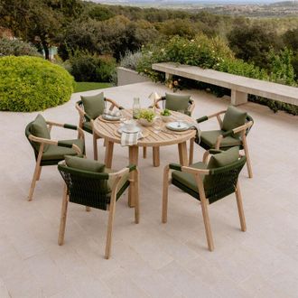 Sklum Set De Mesa Redonda &Oslash;120 Cm Y 6 Sillas De Jard&iacute;n Con Reposabrazos En Madera De Acacia Dubai Sklum