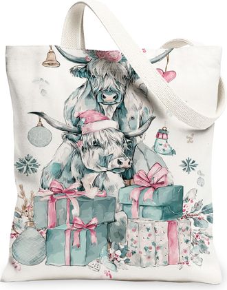 Generic Holiday Cow Canvas Tote Bags, Cute Christmas Design Reusable Shopping Bags, Winter Rustic Lightweight Washable Shoulder Str, White, 13x15 Inch