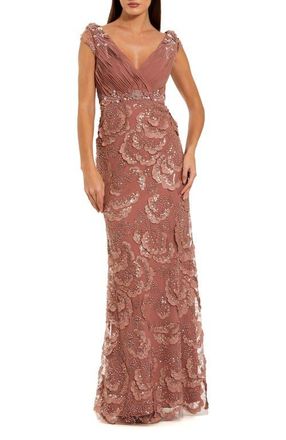 Mac Duggal Floral Beaded Chiffon V-Neck Formal Gown in Rose at Nordstrom, Size 12