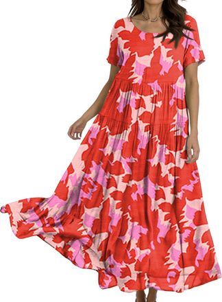 Generic Maxi Dresses for Women UK, Womens Dresses Casual Plus Size Bohemian Short Sleeve Floral Long Maxi Summer Beach Holiday Swing Dress Sister Birthday Gif