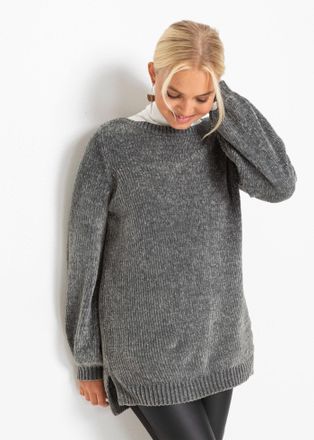 Bonprix Longpullover BONPRIX Chenille-Longpullover, Damen, Gr. 32/34 (XS), grau (anthrazit), Obermaterial: 100% Polyester, bequem, Pullover Longpullover, aus 