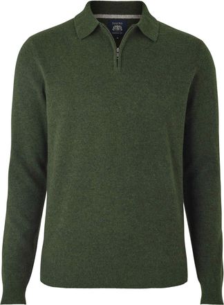 SAVILE ROW Mens Dark Green Merino Wool Cashmere Zip Neck Long Sleeve Polo Shirt - Size 2XL