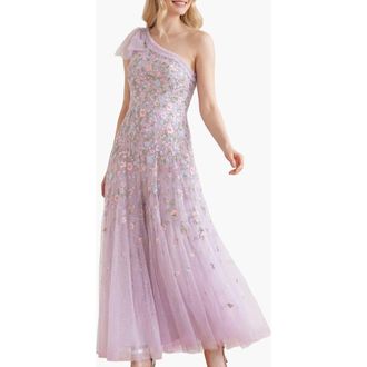 Needle & Thread Sylvia Rose One-Shoulder Bow Ankle Gown in Powder Lilac/bright at Nordstrom, Size 14