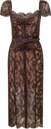 Self Portrait Bloemenkant Midi Jurk - Dames - Feestkleedjes - Bruin - M - Leer - Kleedjes