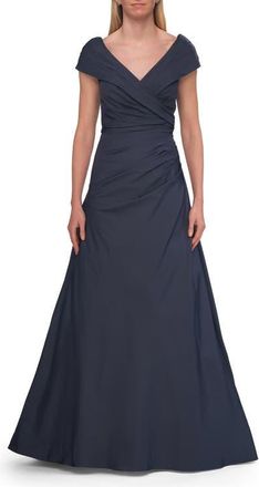 La Femme Off-the-Shoulder Stretch Taffeta A-Line Gown in Dark Blue at Nordstrom, Size 20