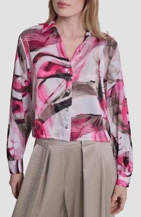 DKNY Satin Button-Up Shirt in Spring Wisps at Nordstrom, Size X-Large