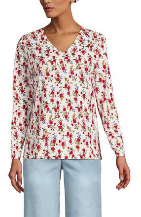 Lands End Supima Cotton Long Sleeve V-Neck T-Shirt in Ivory Mini Poppy Floral at Nordstrom, Size X-Small
