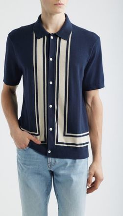 Madewell Border Stripe Knit Short Sleeve Button-Up Shirt in Ink at Nordstrom, Size Xx-Large