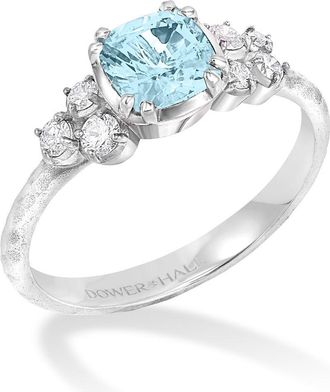 Dower & Hall 18k 6mm Cushion Aquamarine & Diamond Stargazer Ring