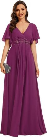 Ever-pretty Womens Chiffon V Neck Short Sleeves Appliques Formal Evening Dresses Bridesmaid Fuchsia 18