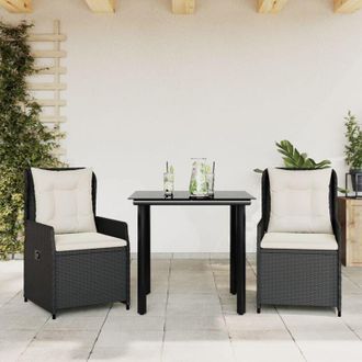 vidaXL Set Comedor De Jard&iacute;n 3 Pzas Con Cojines Rat&aacute;n Sint&eacute;tico Negro Vidaxl