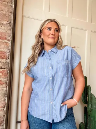 Tribal Cap Sleeve Button Down Blouse In Multiblue