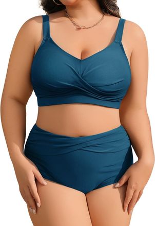 Heekpek Womens Swimming Costumes Plus Size V Neck Tummy Control Swimsuit 2 Piece Twist Front High Waisted Bikini Set Plus Size Swimwear, Blue Green, 3XL