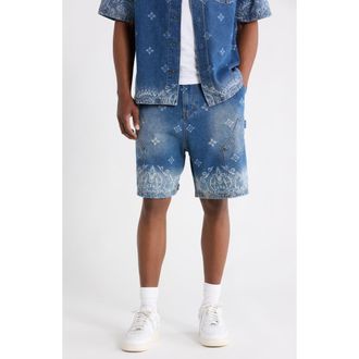 Criminal Damage Laser Print Denim Shorts in Mid Blue at Nordstrom, Size Medium