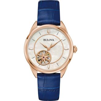 Bulova Sutton Automatic Leather Strap Watch, 34.5mm in Blue/Rose Gold-Tone at Nordstrom