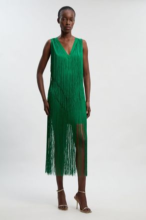 Karen Millen Womens Petite Fringe Bandage V Neck Knit Midi Dress - Green - Size 12 UK