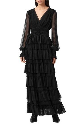 AllSaints Xantara Long Sleeve Tiered Dress in Black at Nordstrom, Size 4 Us