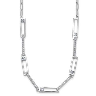 Diamond2Deal Sterling Silver Polished Cubic Zirconia Rectangular and Paperclip Link Necklace 18