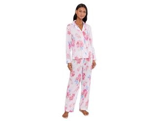 Lauren Ralph Lauren Long Sleeve Notch Collar Long Pants PJ Set Womens Pajama Sets Pink Floral : LG (US 12-14), Cotton/Viscose