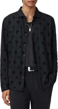 John Varvatos Anselmo Flocked Modal Knit Button-Up Shirt in Black at Nordstrom, Size Xx-Large