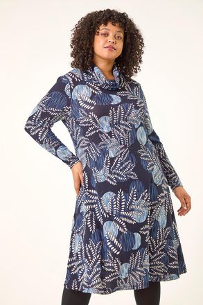 Roman Leaf Print Cowl Neck Dress