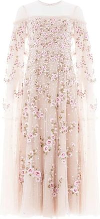 Needle & Thread CRESCENT ROSES cape-detail midi dress - women - Recycled Polyester - 10 - Neutrals