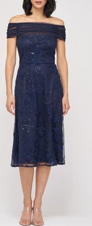 JS Collections Gemma Beaded Floral Off the Shoulder Cocktail Dress in Navy at Nordstrom, Size 10