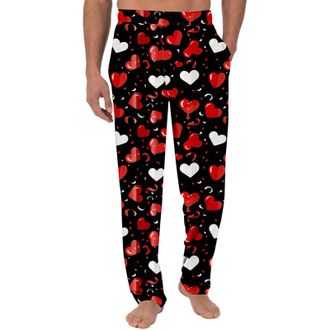Generic Mens Valentines Day Pyjama Bottoms Heart Print Straight Leg Comfy Casual Trousers Elasticated Waist Lounge Pants with Pockets Loungewear Bottoms Gift 