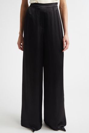 St. John Maddie Hammered Satin Wide Leg Pants in Black at Nordstrom, Size 10