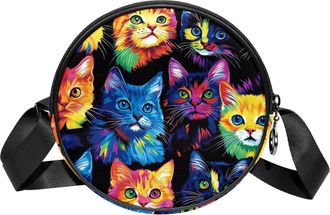 Generic Circle Crossbody Bag for Women, Colored Cat Pattern Small Sling Bag Daypack with Zipper Adjustable Shoulder Straps Casual Ladies Girls Round Purse