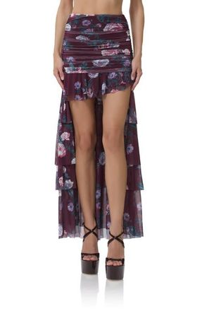 AFRM Zarin Floral High-Low Mesh Skirt in Cabernet Bouquet at Nordstrom, Size X-Small
