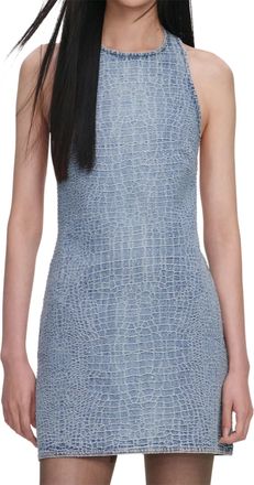 Self Portrait Rhinestone-Embellished Croc-Effect Denim Mini Dress