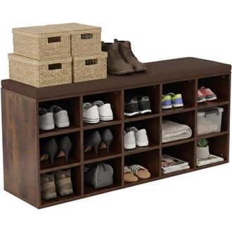 Relaxdays Relaxdays shoe bench with seat cushion & 15 compartments, hallway, coat rack, bedroom, shoe storage, dark brown