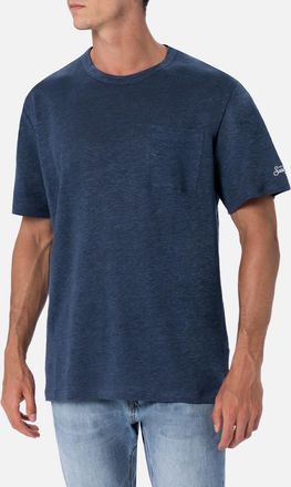 MC2 Saint Barth Man Navy Blue Linen Jersey T-shirt Ecstasea With Pocket