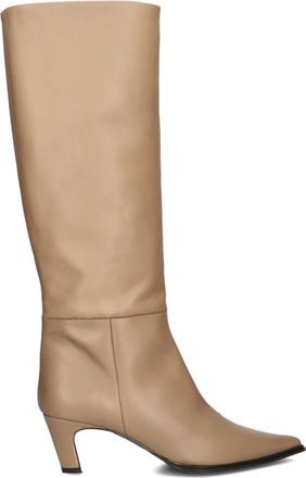 Zinda Beige Leren Hoge Laarzen - Dames - Laarzen met Hak - Beige - 38 EU - Leer - Schoenen