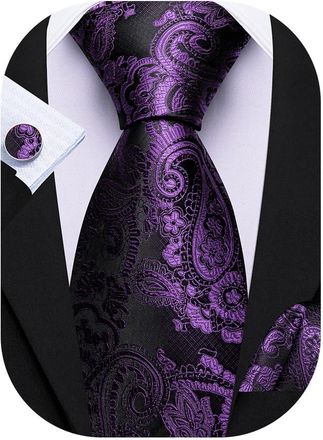 Barry.Wang Mens Purple Black Tie Silk Paisley Necktie Pocket Square Handkerchief Cufflinks Set Wedding Business