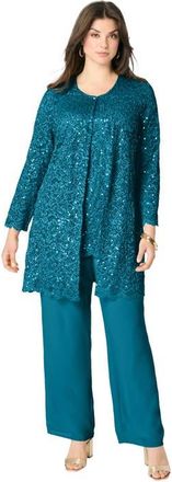 Roaman's Plus-Size 3 Piece Allover Sequin Lace Jacket And Tank Pant Set in Deep Teal at Nordstrom, Size 22