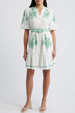 Eliza J Embroidered Short Sleeve Cotton Shirtdress in White/Ivy Green at Nordstrom, Size 16
