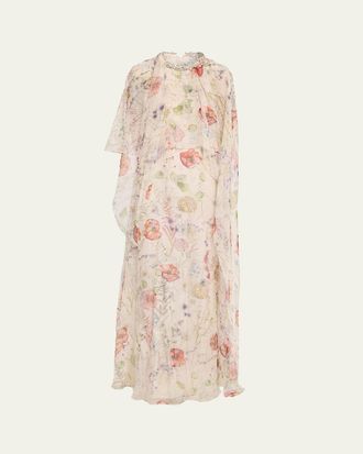 Alexander McQueen Crystal Meadow Floral-Print Asymmetric Cape Gown